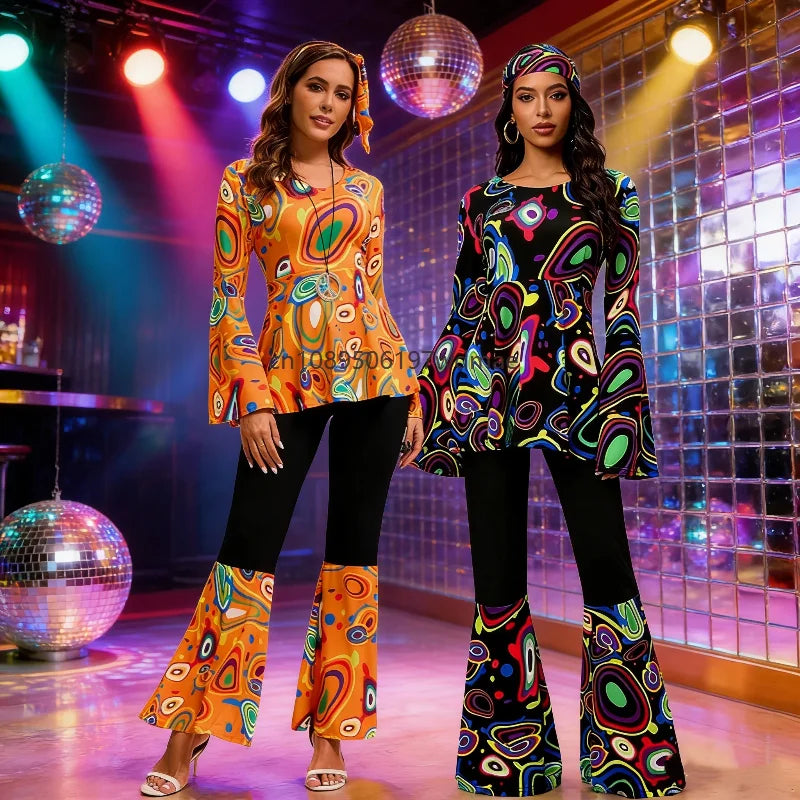 Women's Disco Multi-color Print Costume Hippie Cosplay Performance Clothes with Headband Set Female Dance - product image 1