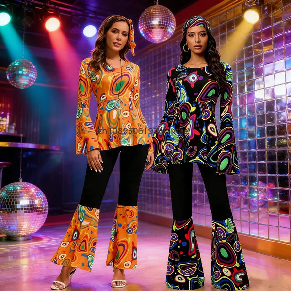 Women's Disco Multi-color Print Costume Hippie Cosplay Performance Clothes with Headband Set Female Dance - product image 1