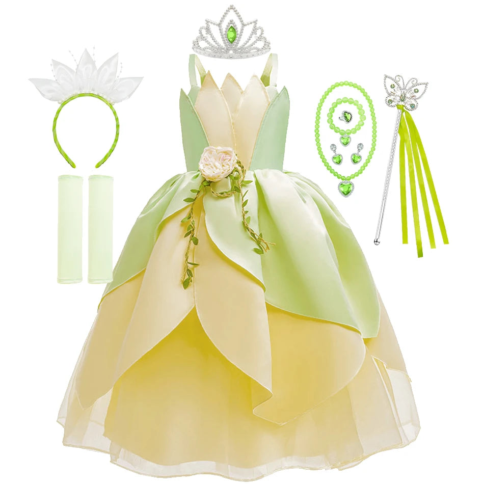 Girls Tiana-Inspired Princess Dress – Floral & Light-Up Costume Options