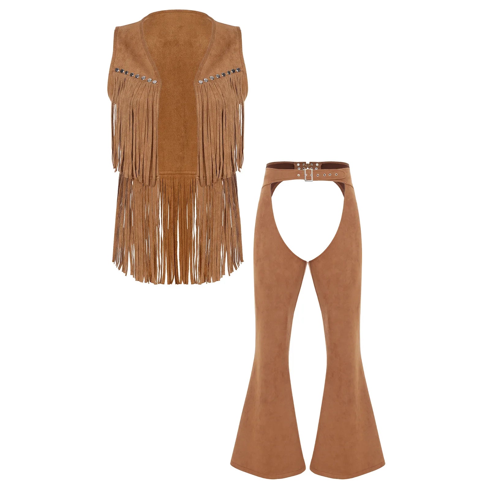 Men's Faux Suede Western Cowboy Gothic Punk Open Front Tassel Vest And Costume - alternate view 12