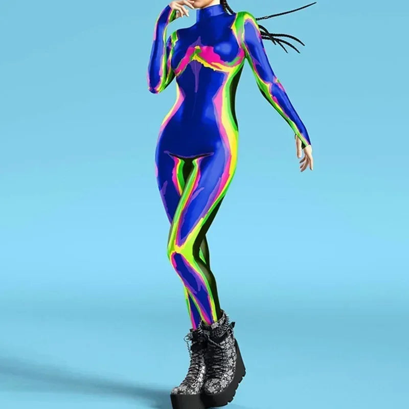 Sexy Zentai Bodysuit Colorful Halloween Costume for Women Outfit Sleeve Front Zipper - O / Adult M
