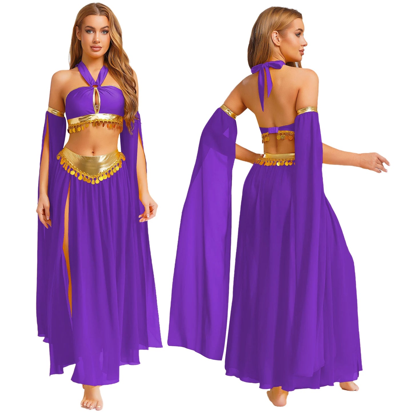 Women Halloween Cleopatra Ancient Egyptian Queen Sun Goddesses Cosplay Costume Crop Top with Skirt Belly Indian Dance Outfit