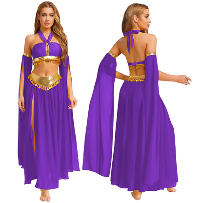 Women Halloween Cleopatra Ancient Egyptian Queen Sun Goddesses Cosplay Costume Crop Top with Skirt Belly Indian Dance Outfit