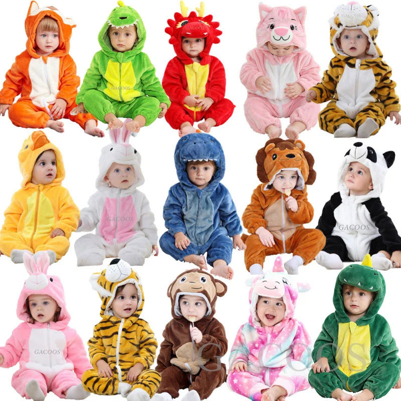 Dinosaur Winter Baby Romper Kigurumi Costume Flannel Hooded Bodysuit Pajamas Animal