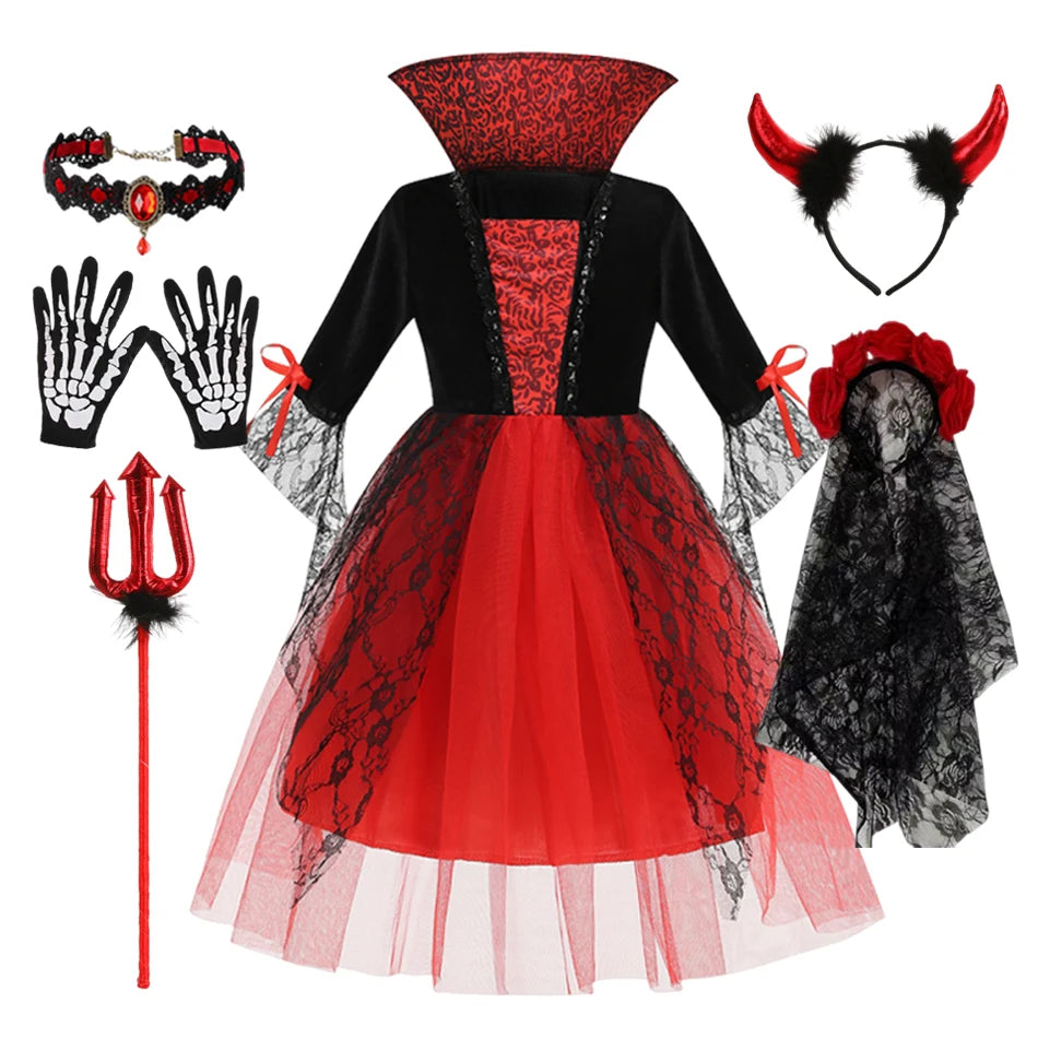 Girls Red Ghost Bride Gothic Halloween Vampire Costume Dress Up - product image 7