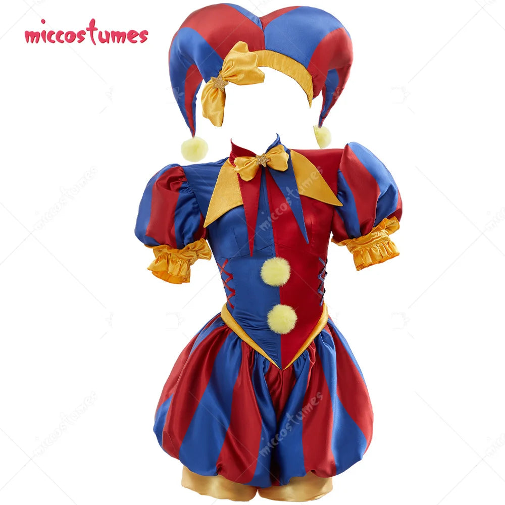 Miccostumes Women Clown Costume Jester Costume Blue Red Jumpsuit and Hat with Gloves and - MULTI / L