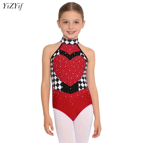 Kids Girls Circus Ringmaster Clown Costume Halter Rhinestone Checked Skirted Leotard - Black A / 16