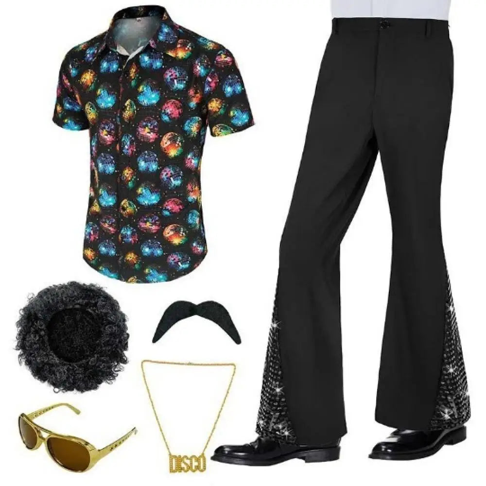 Men's 70S Retro Disco Printed Shirts Bell-Bottom Pants Afro Wig Sunglasses Costume - alternate view 4