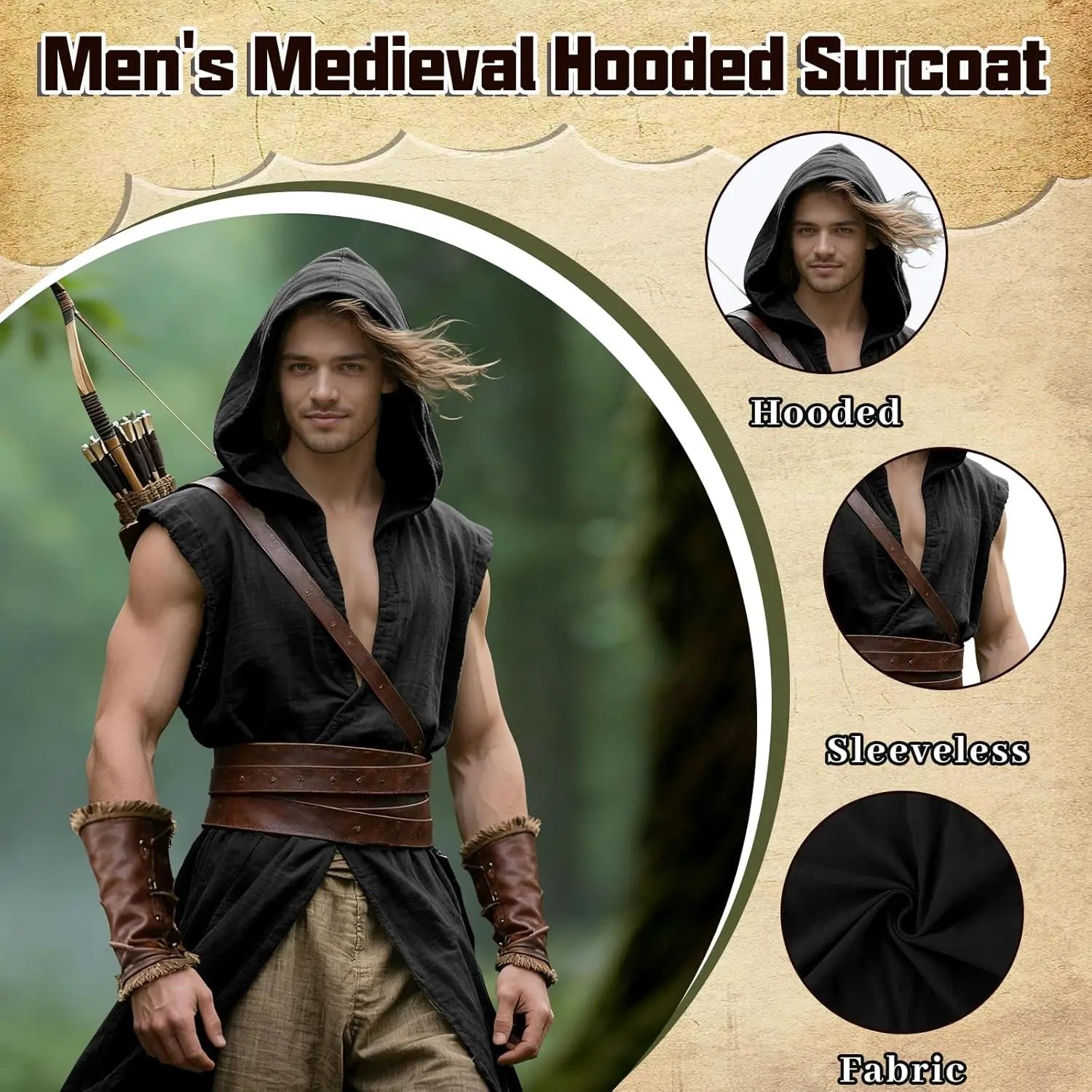 Medieval Costume Men Viking Hooded Sleeveless Surcoat, Mens Renaissance Costume Cloak for Halloween Assassin - product image 2