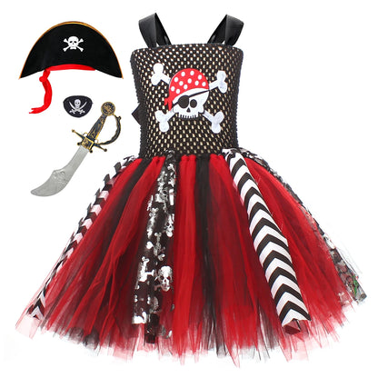 Black Red Halloween Girls Pirate Dress Cosplay Pirate Costume with Hat Kids Clothing - product image 6