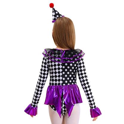 Kids Girls Halloween Circus Clown Costume Theme Performance Sleeve Checkerboard Print - Purple / 12