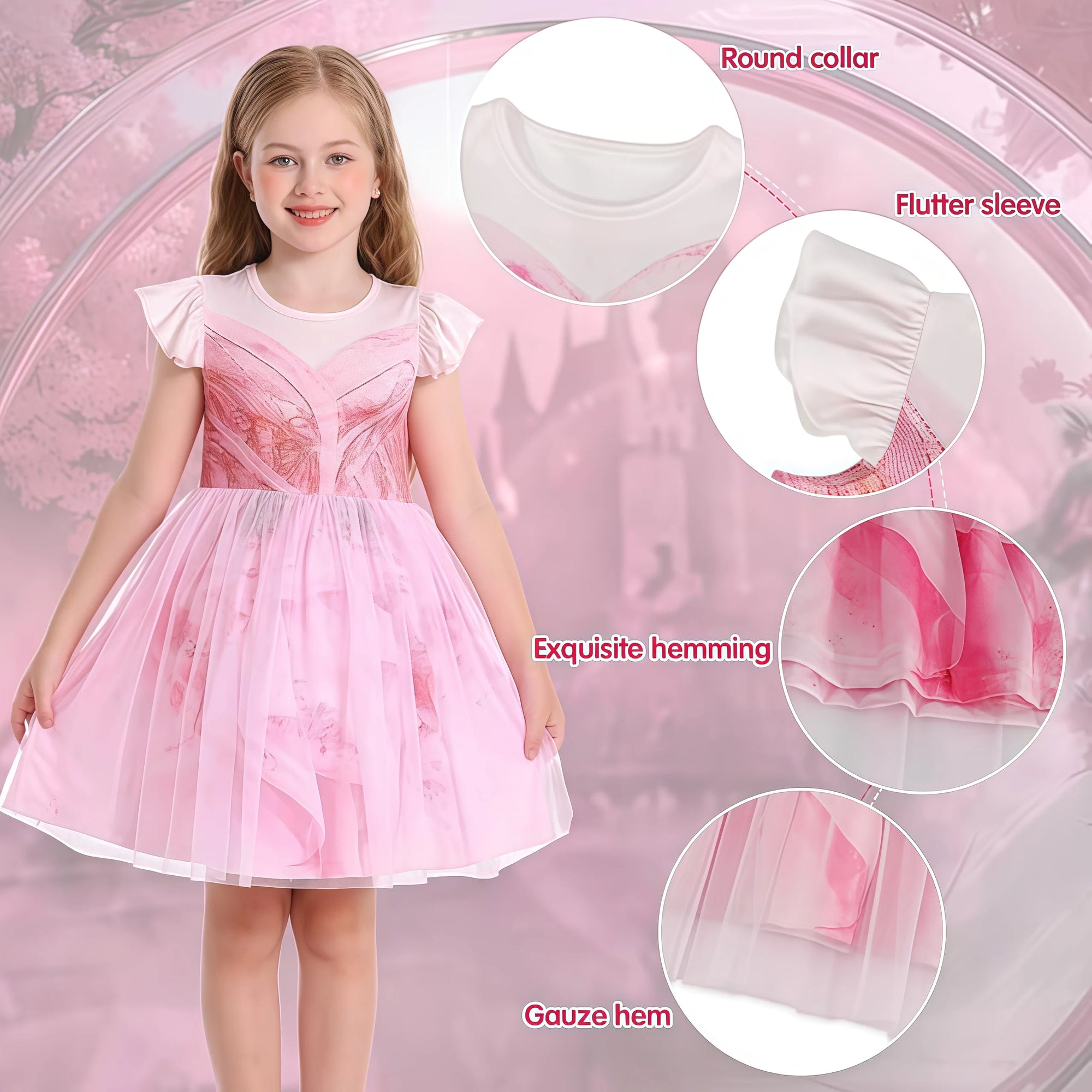 Good Witch Costume For Girls Kids Pink Printed Princess Dress For Children Halloween Birthday Party Carnival - product image 3