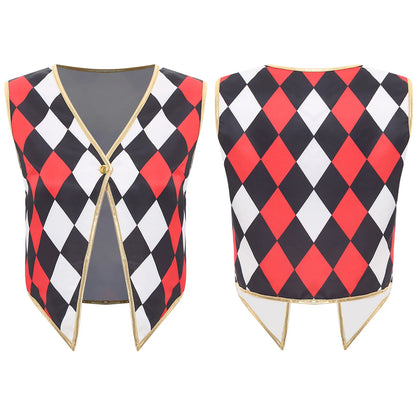 Unisex Halloween Circus Clown Ringmaster Sleeveless Vest Checkerboard Plaid Waistcoat - Red / XL
