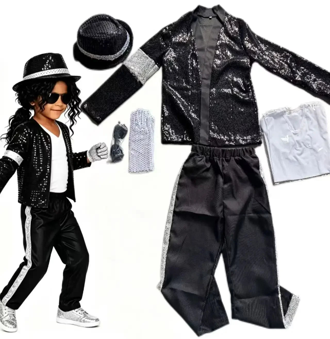 2026  MJ Michael Jackson Thriller Kids Costume  Red   Black Leather Jacket Pants Boys Halloween Stage Cosplay Outfit