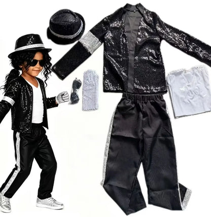 2026  MJ Michael Jackson Thriller Kids Costume  Red   Black Leather Jacket Pants Boys Halloween Stage Cosplay Outfit