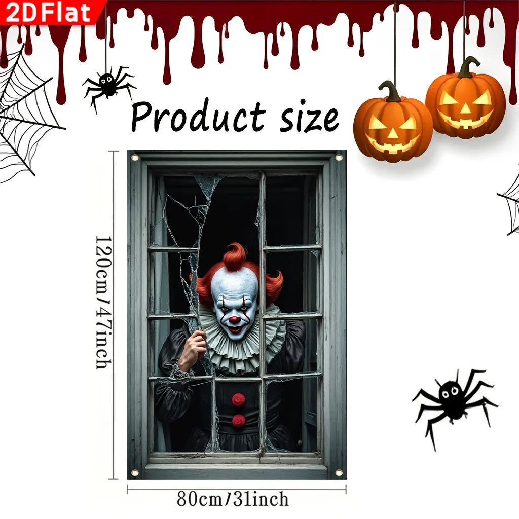 2D flat, 1 Halloween clown through a broken window banner - polyester haunted - product image 6