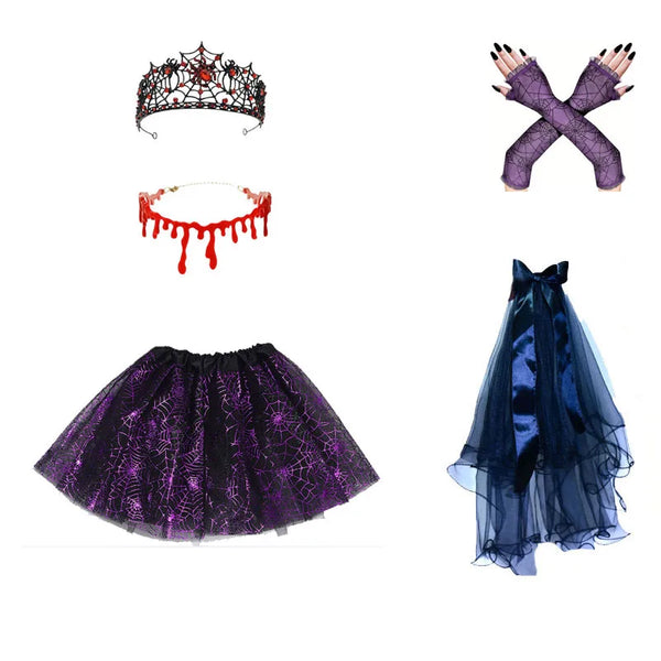 Scary Children Girl Vampire Witch Costume Spider Web Tutu Skirt Hat Crown Arm Sleeves Halloween Cosplay - product image 1