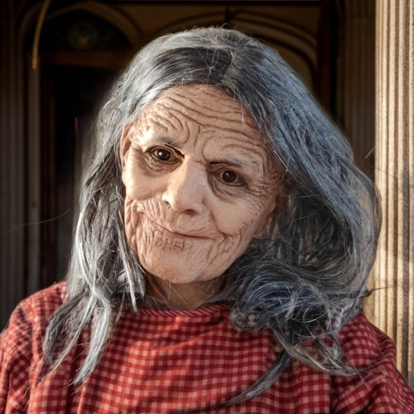 Realistic Granny Old Woman Latex Mask Moving Mouth Soft Rubber Grandma Masque with Grey Hairfor Halloween