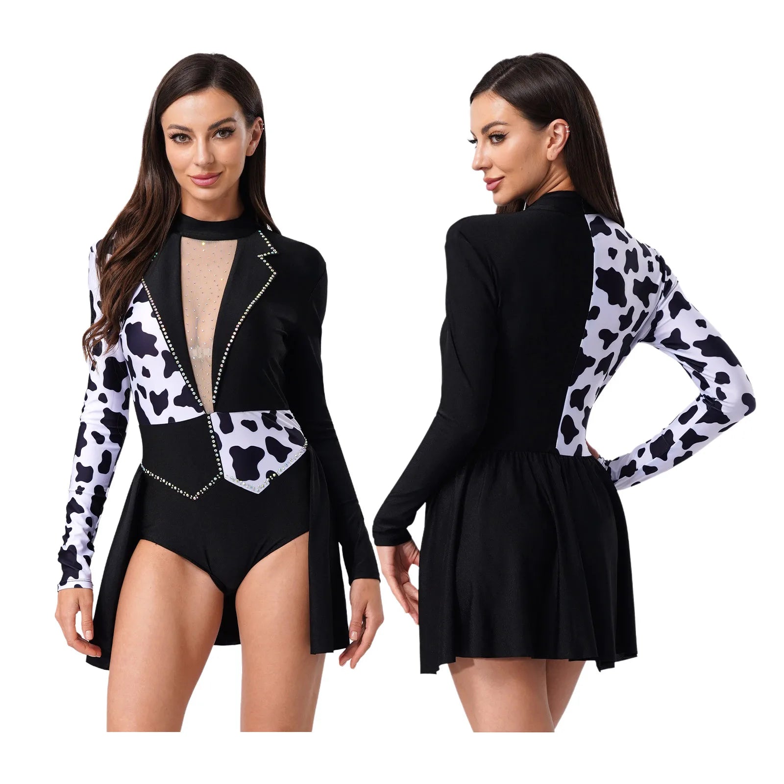 Women's Halloween Devil Witch Evil Clown Dalmatian Cosplay Costume Shiny Mesh Spotty Contrast Leotard Dress - product image 7