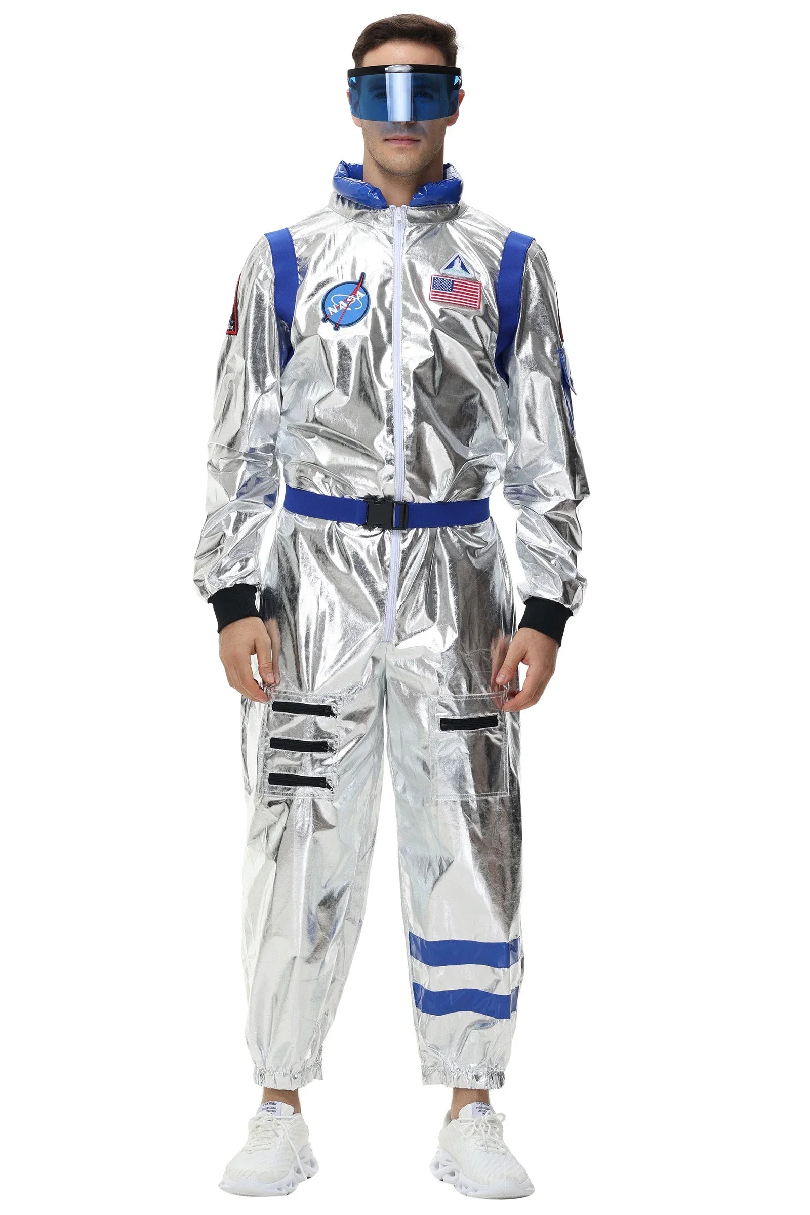 Adult Silver Astronaut Costume Men Women Spaceman Suit Space Jumpsuit Halloween Costume - Blue Women-A / L