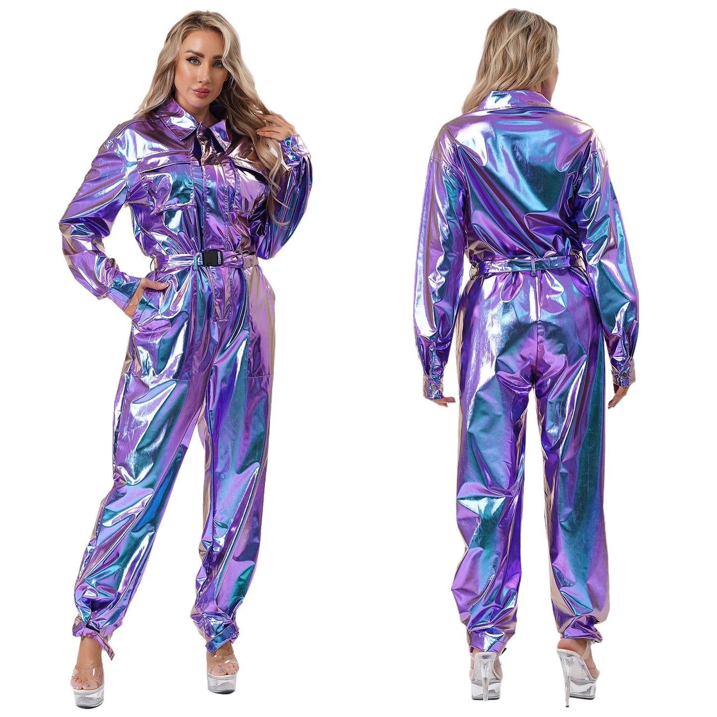 Women's Halloween Disco Astronaut Costume Holographic Shiny Metallic Overalls Bodysuit - Blue / M