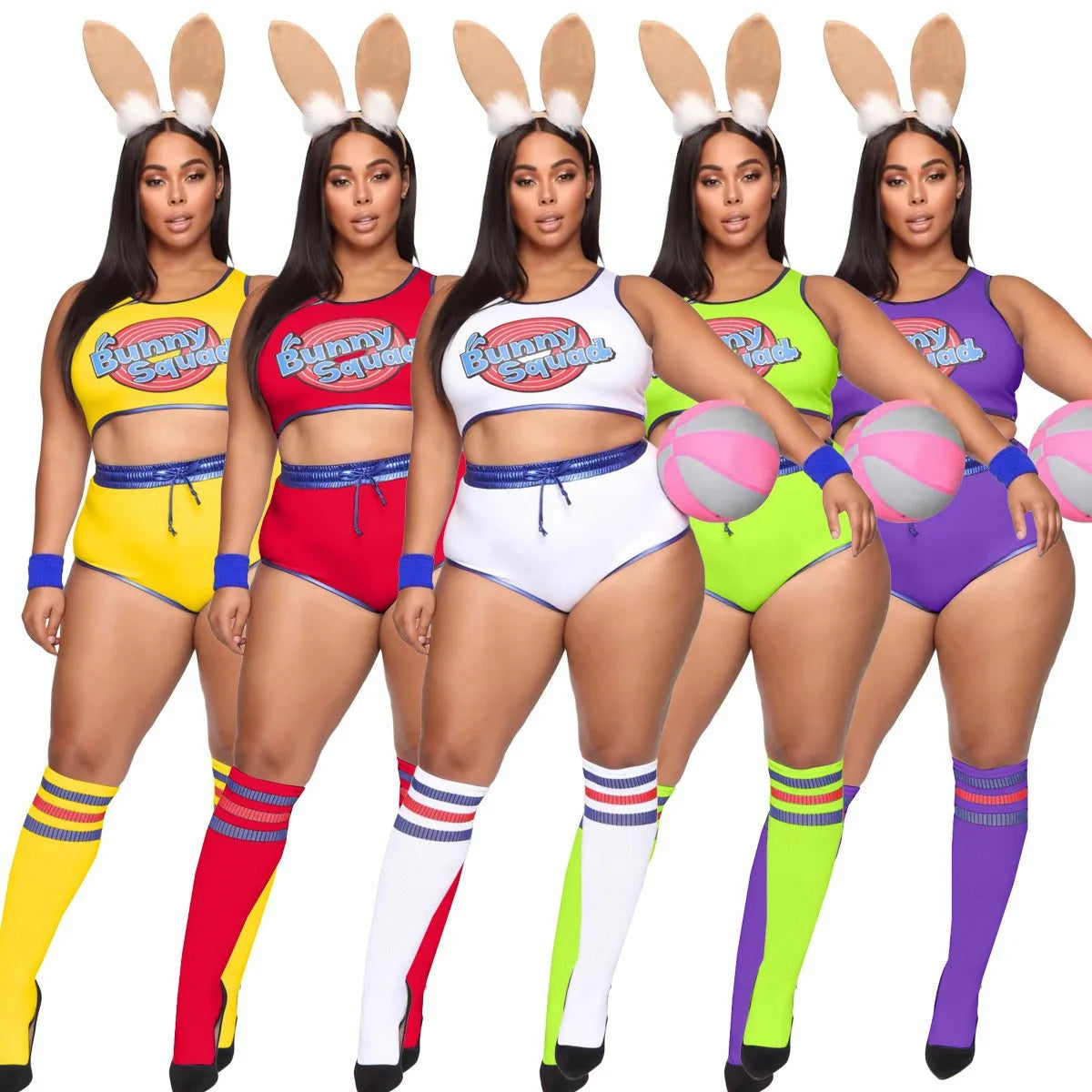 Cute Bunny Squad Cheerleading Costume Set Print Trim Edge Crop Tank Top & Elastic Waist Shorts for Halloween Club Party Cosplay
