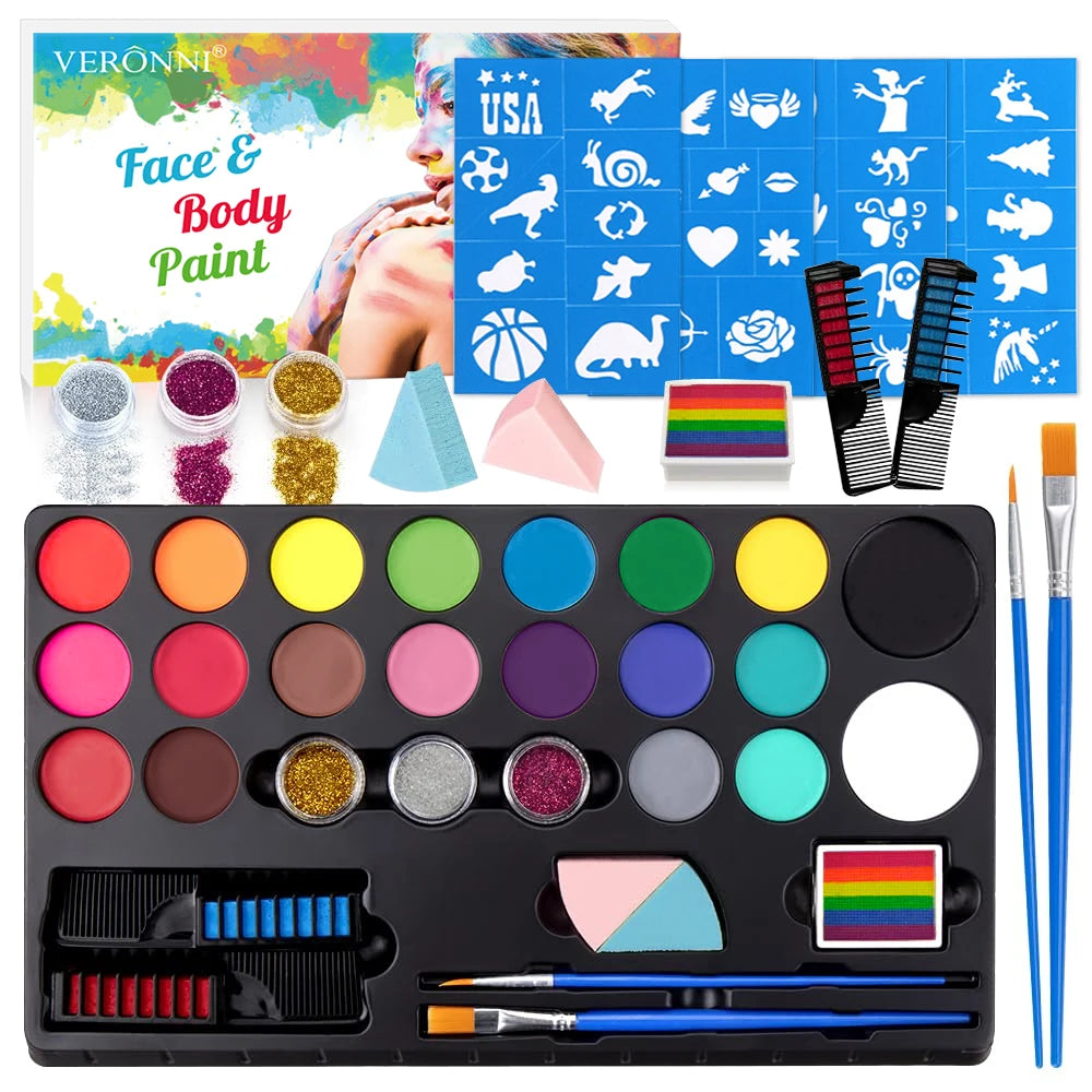 20 Colors Face Body Paint Set Stencils Glitter Brushes Washable - Halloween Makeup - product image 7