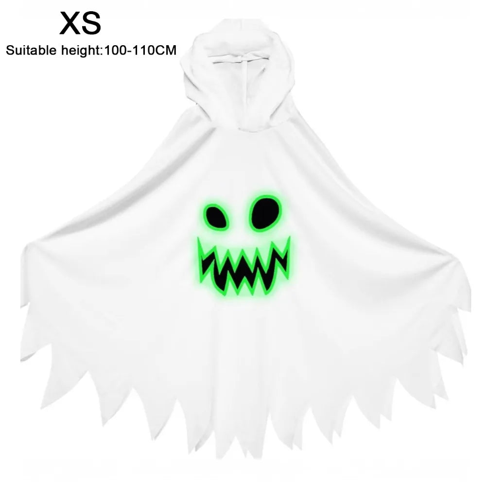 White Black Halloween Costume Ghost Face Design Cape Shawl Luminous Cloak Glow in the Dark - Black M / XS（old）