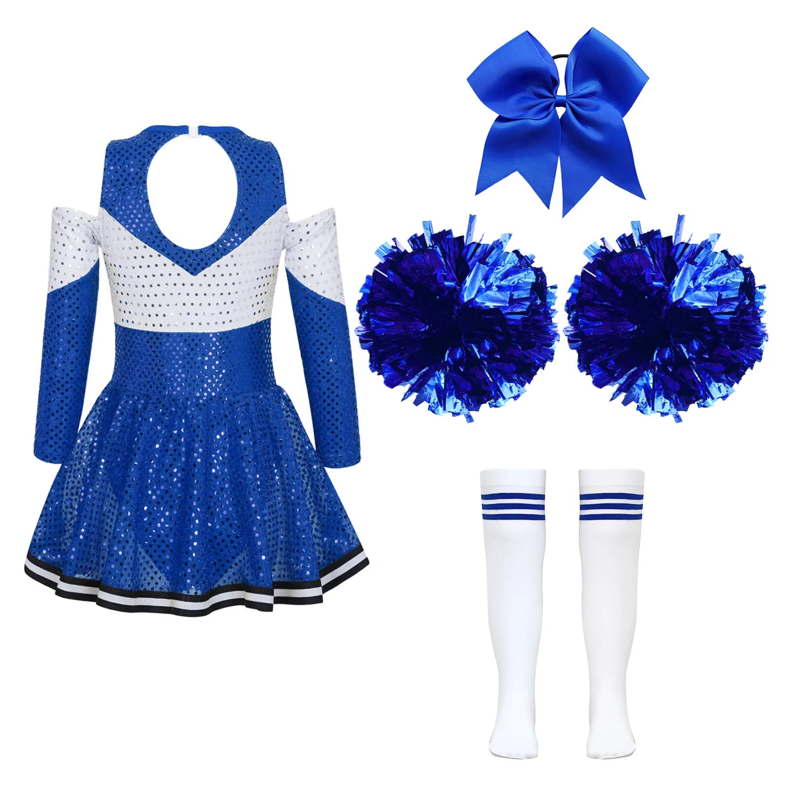 Kids Girls Cheerleader Costume Halloween Cosplay Cheerleading Dance Outfits Sequins Dress with Pom Poms Bow - product image 2