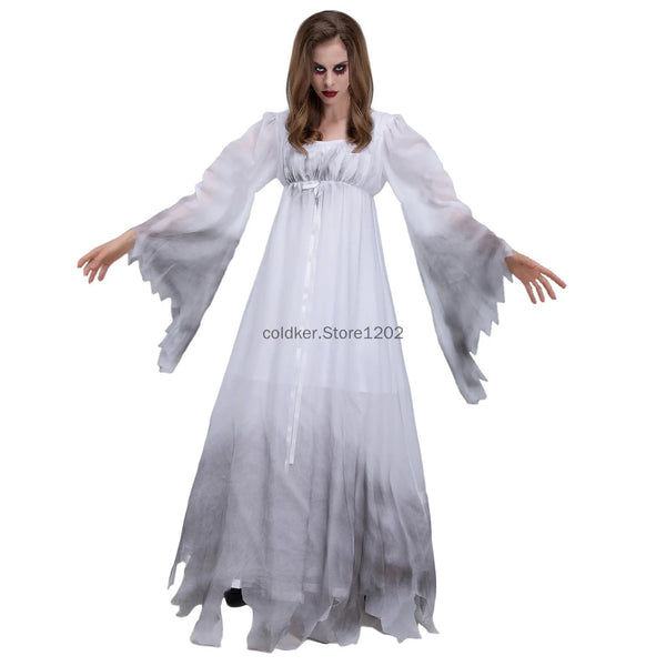 Adult Women Gossamer Ghost Bride Costume Dress White Gothic Victorial Scary