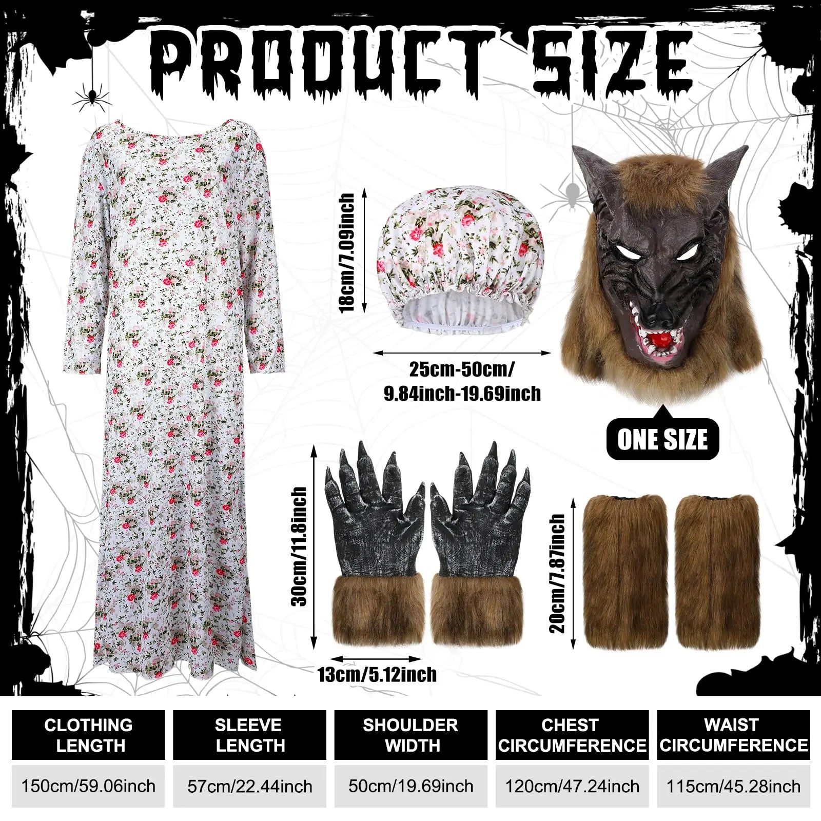 Wolf Granny Costume Set Adult Cosplay Dress Outfit with Hat Wolf Head Mask Gloves Leg Warmers for Christmas