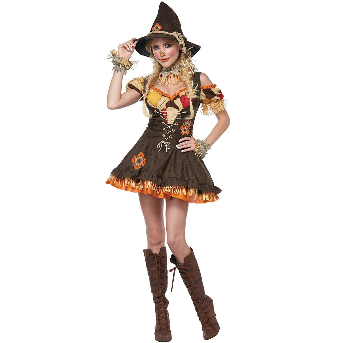 Adult Halloween Costume Wizard of Oz Scarecrow Drama Stage Patchwork Pattern - brown / L