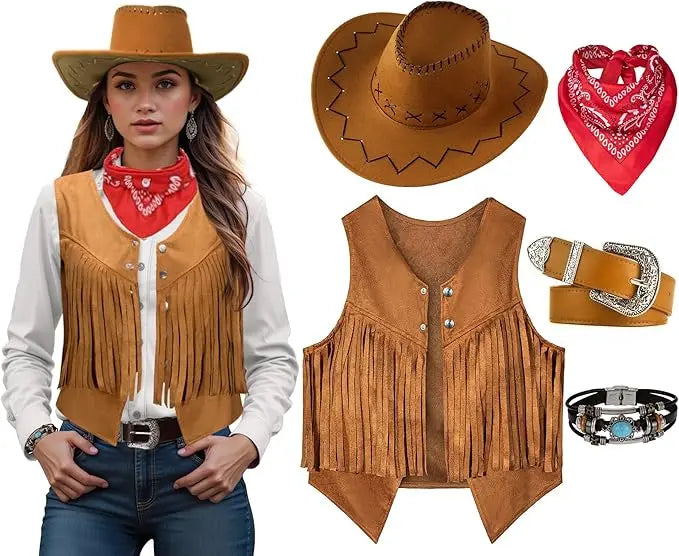 Women Men Cowgirl Costume Western Vest Hat Belt Bandana Set for Cowboy Tassels