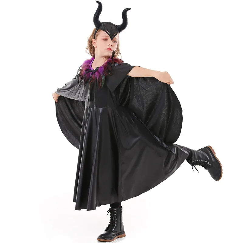 Halloween Beauty Kids Witch Costume Kids Day Girls Demon Queen Vampire Costume Dress - black / S