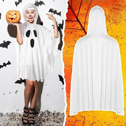 Adult White Ghost Costume – Unisex Hooded Halloween Poncho