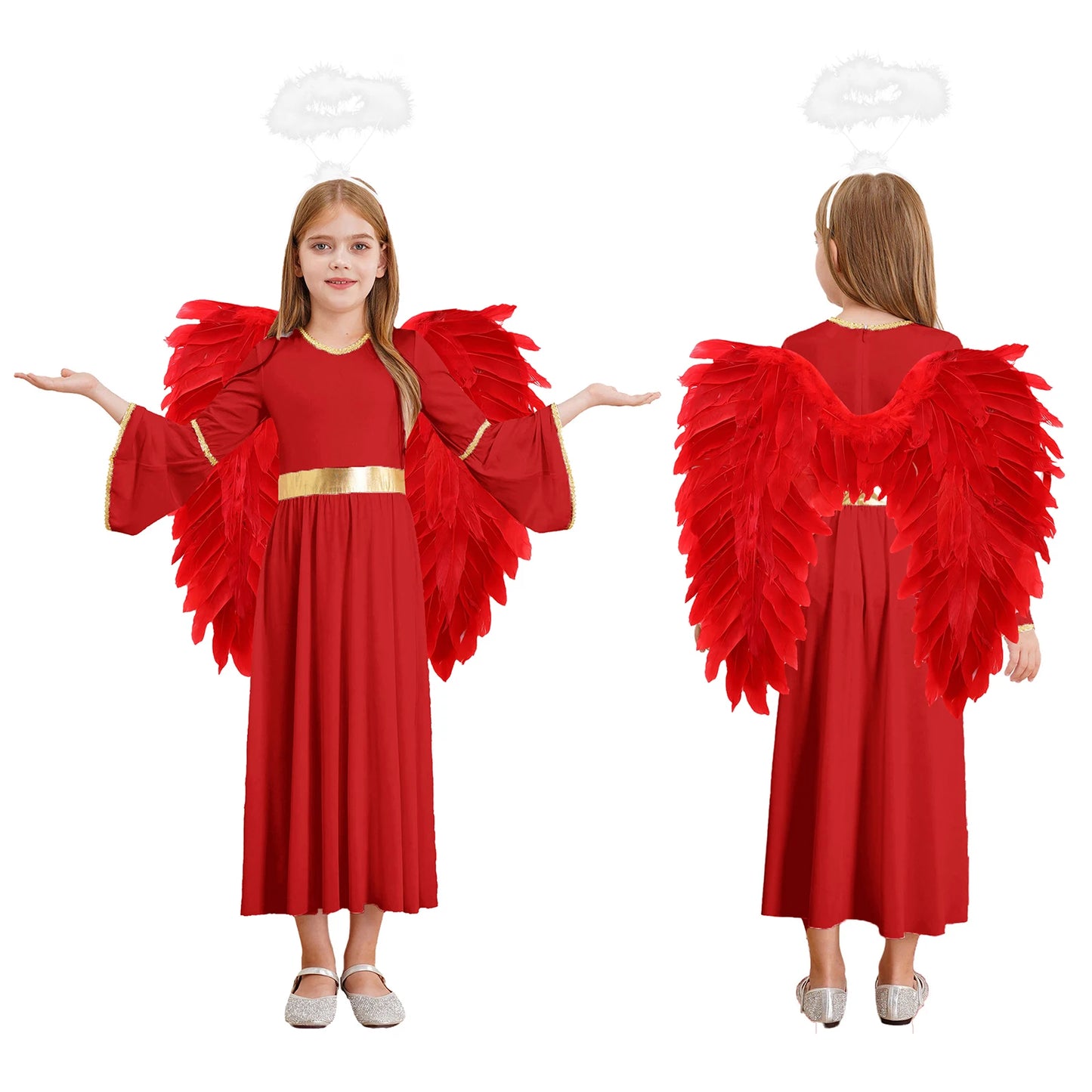 Girls Angel Costume Halloween Greek Goddesses Theme Dress Up Gold Trim Gown Dress Hairband - Black / 14