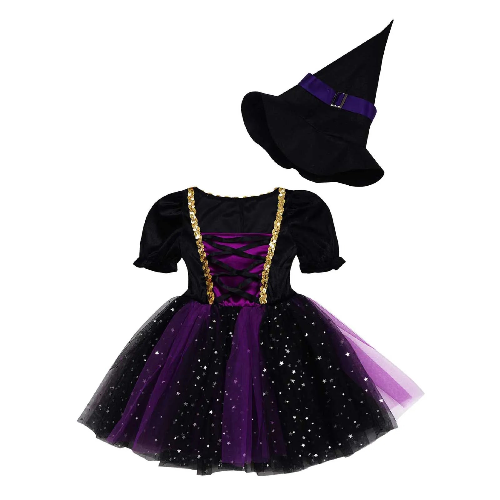 Kids Girls Witch Costume Halloween Cosplay Dress Glittery Mesh Tutu Dress with Pointed Hat for Dress Up - product image 4