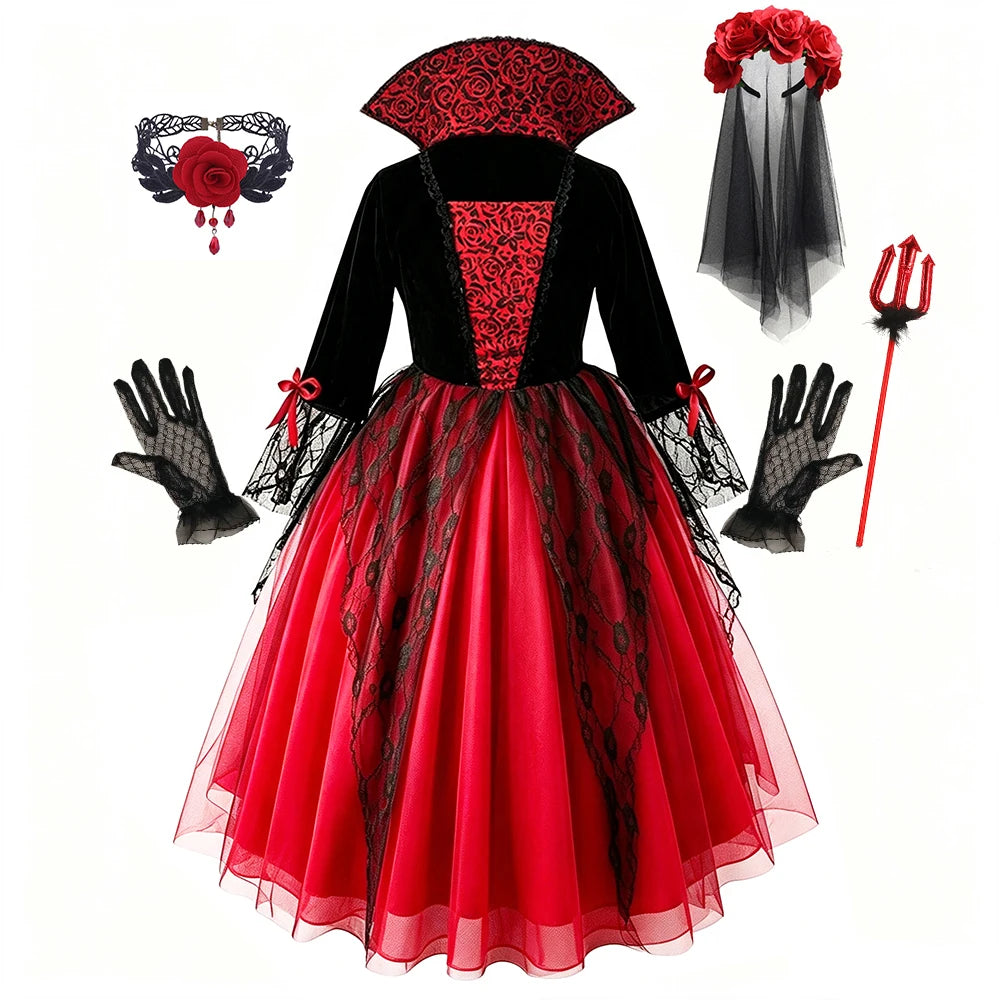 Girls Ghost Bride Halloween Costume Red Lace Dress Kids Horror Phantom Bride - product image 11
