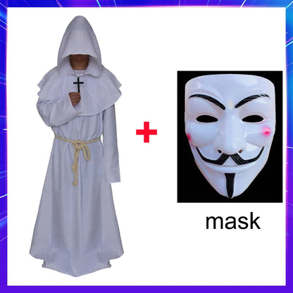 Halloween Wizard Costume Medieval Monk Hooded Robe Costume Mask Hat for Men Steampunk - A1 / Halloween cosplay