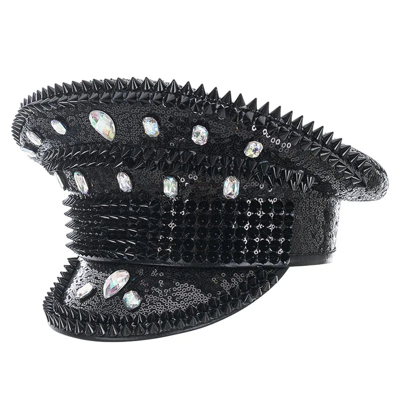 Halloween Costume Steampunk Hat with Goggles Vintage Men Black Sequined & Rivets Gothic - View 5
