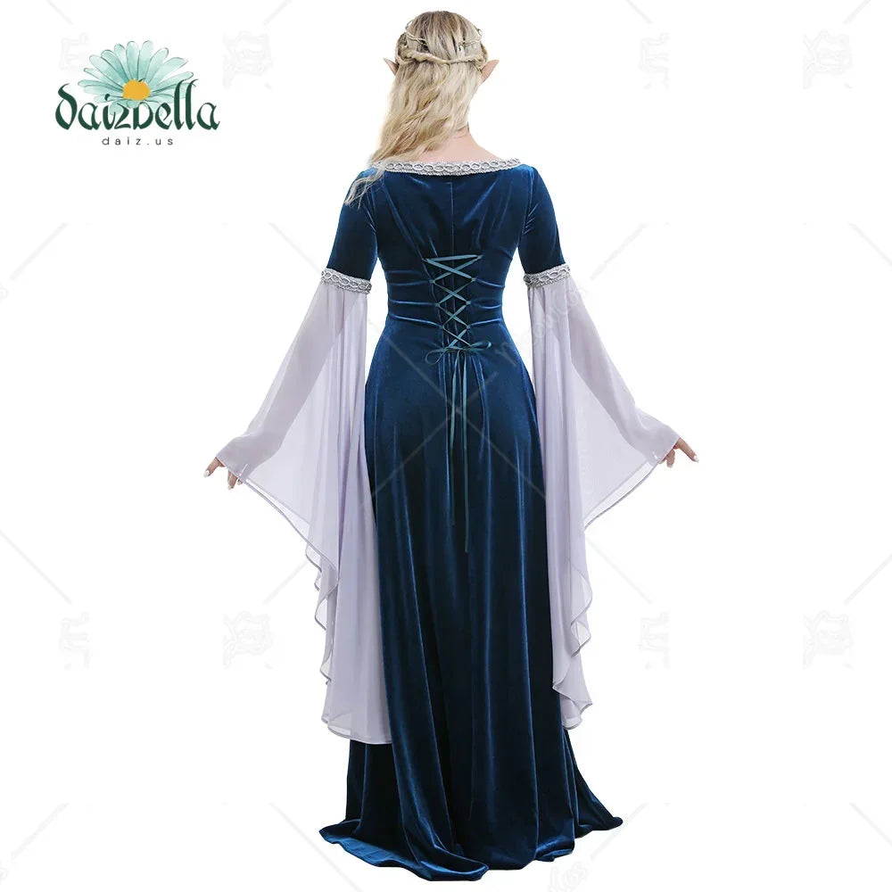 DAIZBELLA Halloween Medieval Costume Handmade Historical Dress Retro Fairy Elf - Blue / L