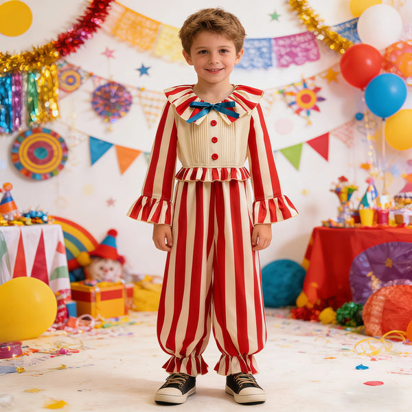 Boys Halloween Circus Clown Costume Striped Jumpsuit for Kids Birthday Magician Fancy - red / 150