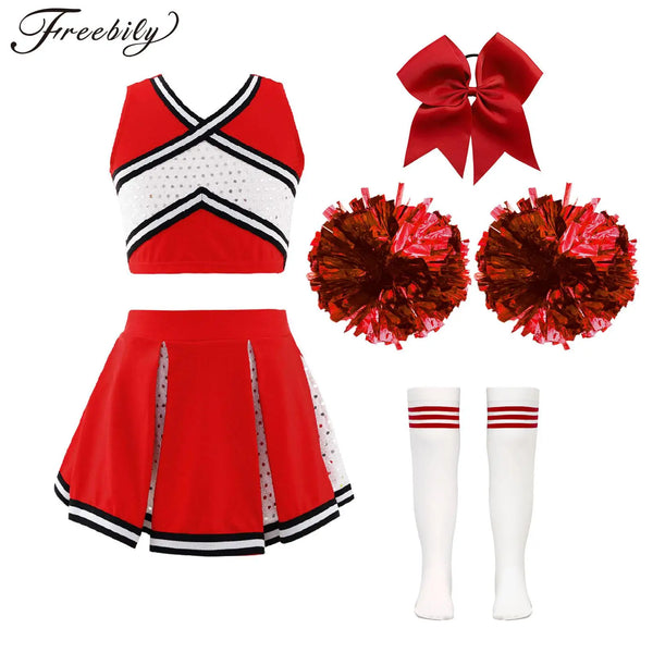 Girl Costume Cheerleader Costume Cheerleading Uniform Outfit Sequins Crop Top Skirt