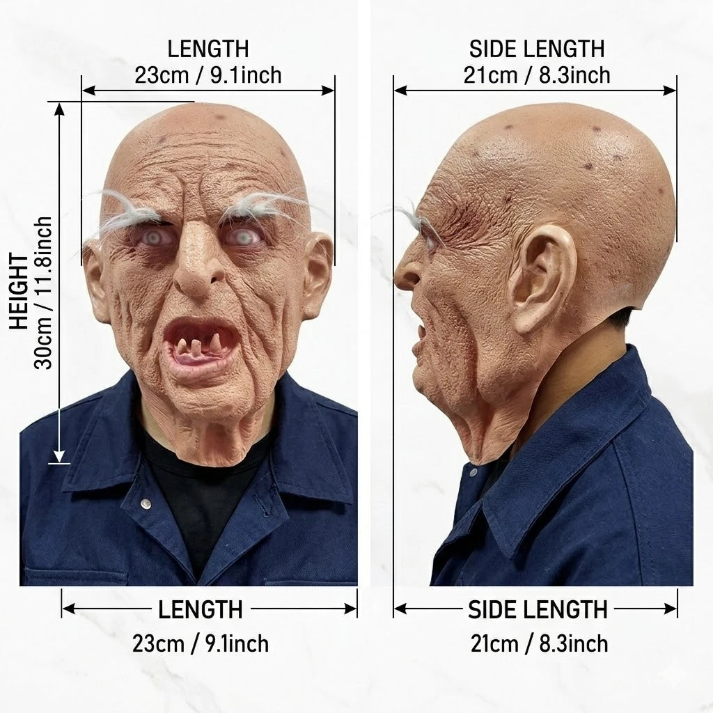 Realistic Horror Old Man Mask Latex Wrinkled Face with Crooked Teeth & White Eyebrows - View 3