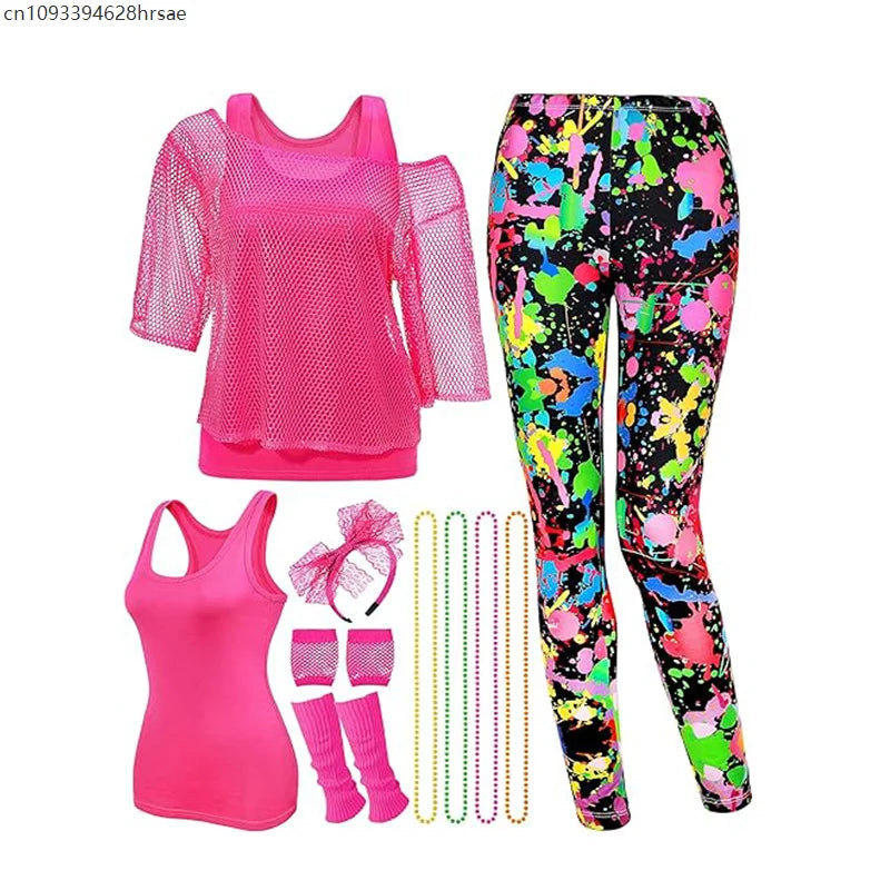 80's Women Retro Costume Set Women's 80s Leggings Fishnet Neon Shirt with Leg Warmers Necklace Bracelet - product image 1