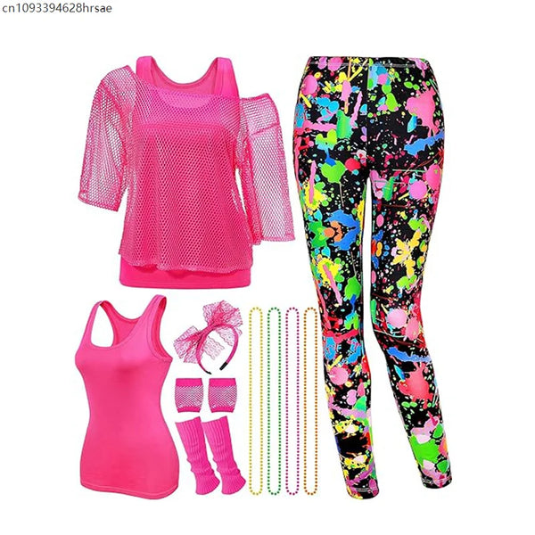80's Women Retro Costume Set Women's 80s Leggings Fishnet Neon Shirt with Leg Warmers Necklace Bracelet - product image 1