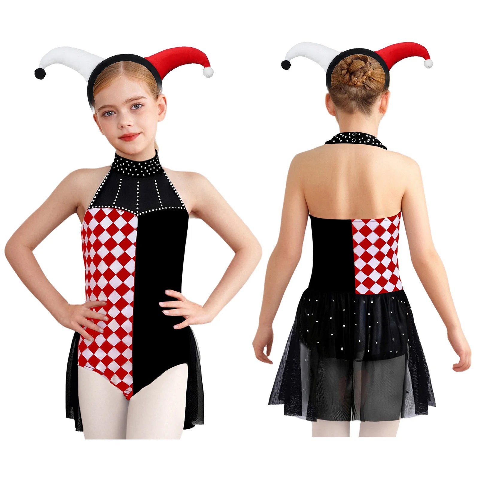 Girls Halloween Circus Clown Costume Performance Costume Sleeveless Rhinestone Mesh Dance - Hot Pink black / 6