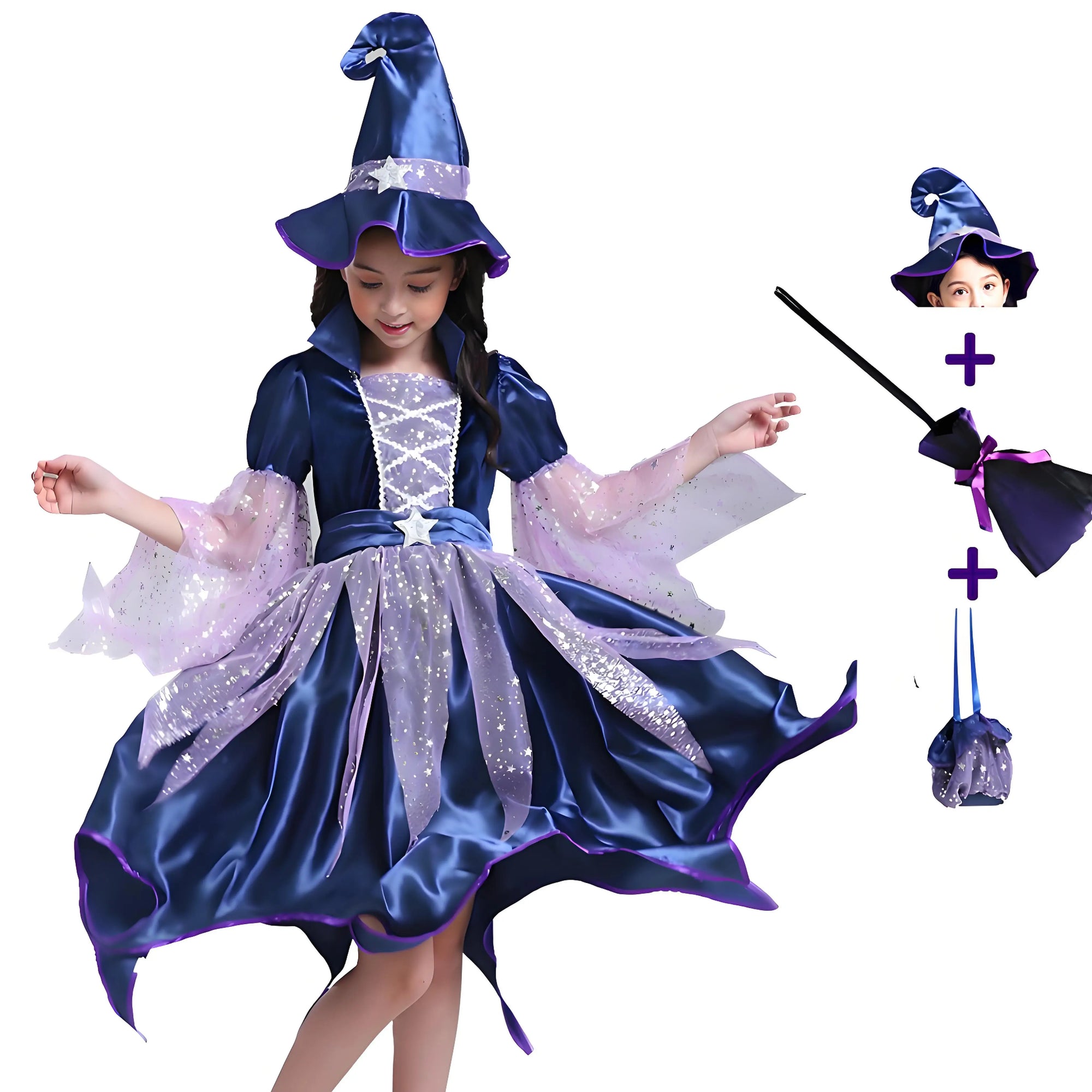 Halloween Blue Witch Costume for Girls with Witch Hat Wand Bag Accessory Set 2-12T Girl Party Dress Vestidos - product image 9