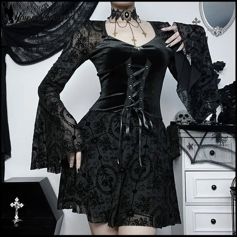 Women's Gothic Halloween Witch Dress Velvet V Neck Flocked Mesh Bell Sleeve Mini Dress Vintage Vampire - product image 4