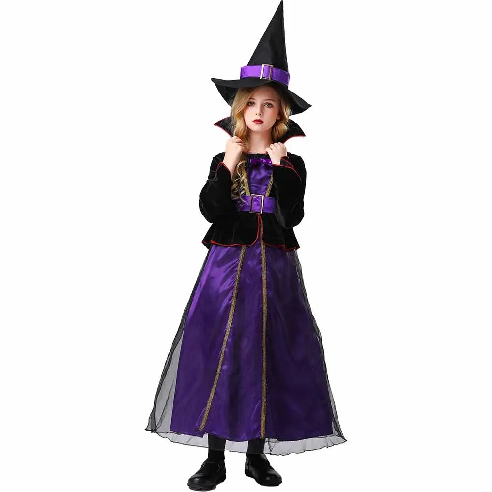 Halloween Witch Girls Purple Gauze Dress & Cloak ; Pointed Cap Belt Costume children Carnival Witch Costume - product image 4